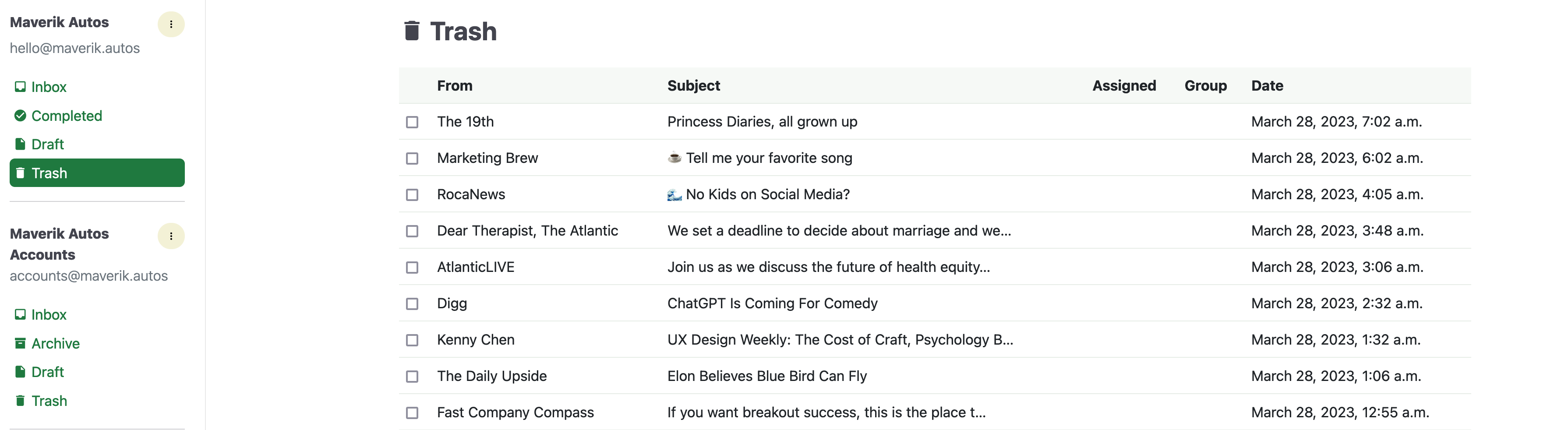 List emails in tabular form