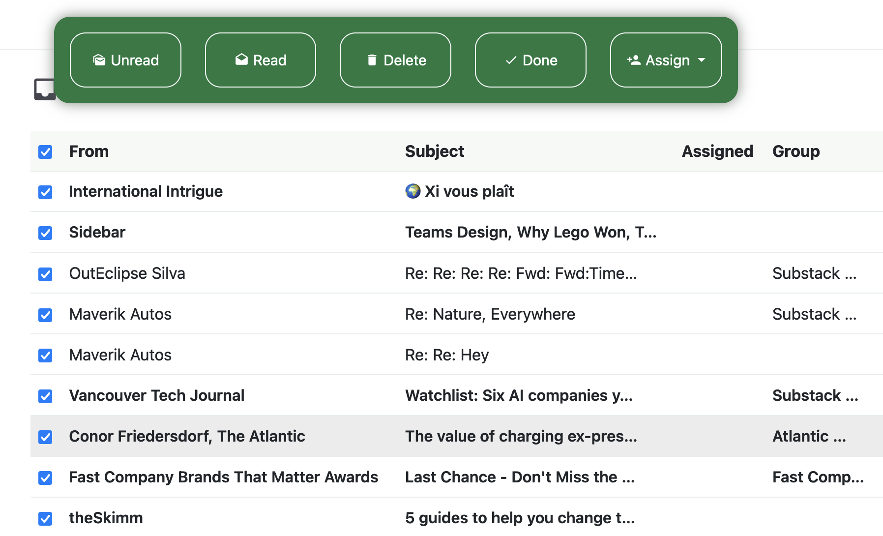 Quick action bar for the lists